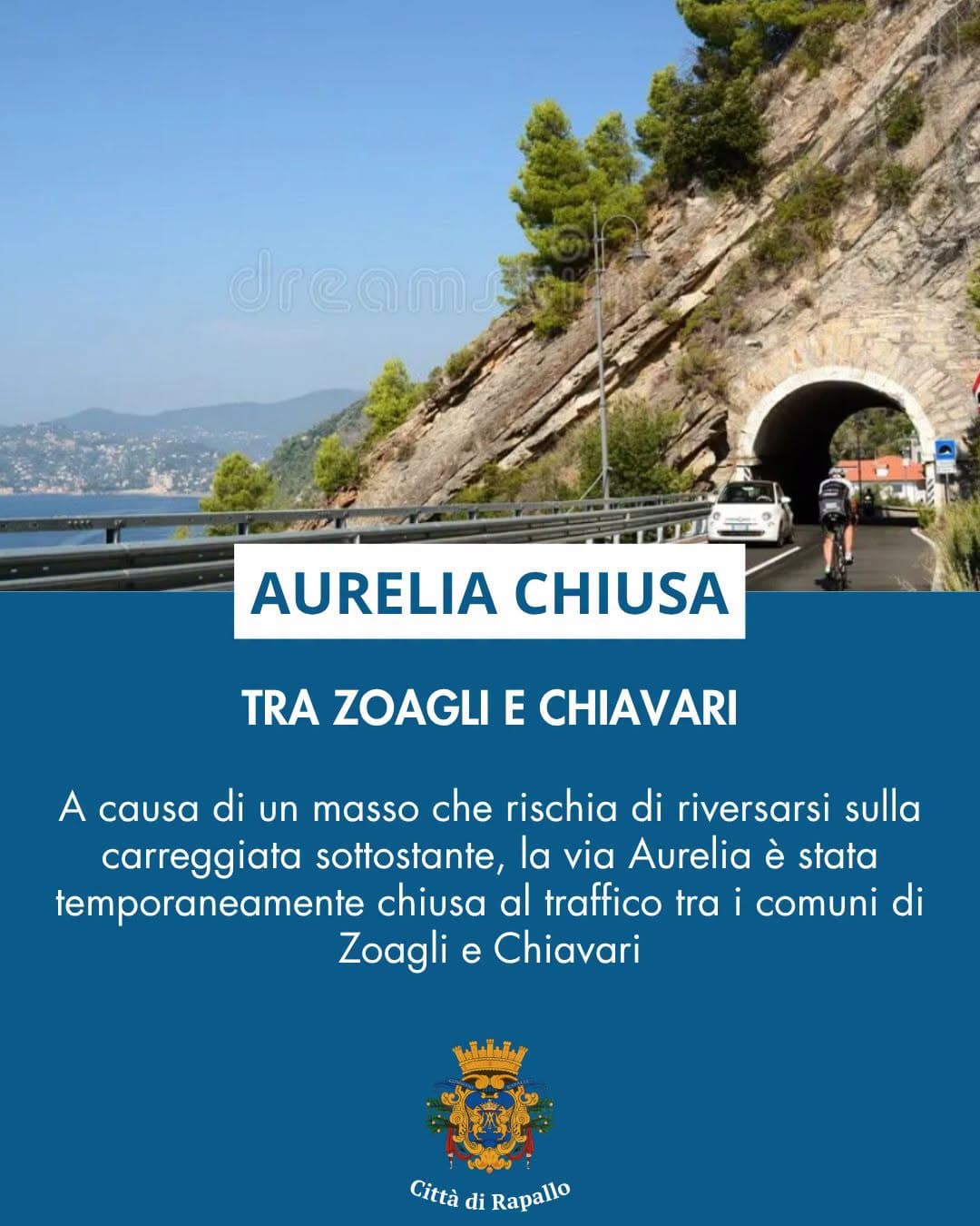 Via Aurelia chiusa tra Zoagli e Chiavari: un masso minaccia di cadere sulla carreggiata