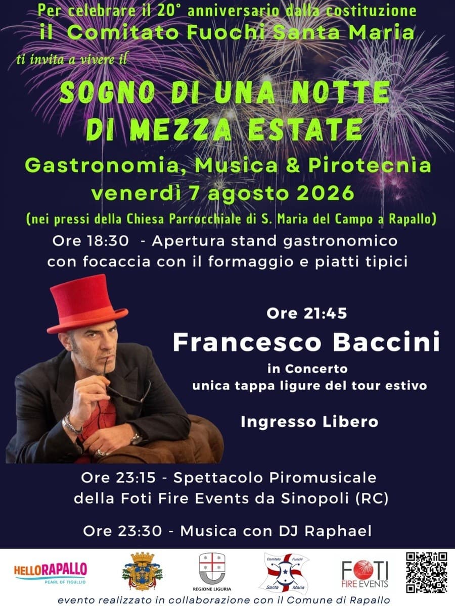 Il Comitato Fuochi Santa Maria celebra vent'anni e festeggia con Francesco Baccini