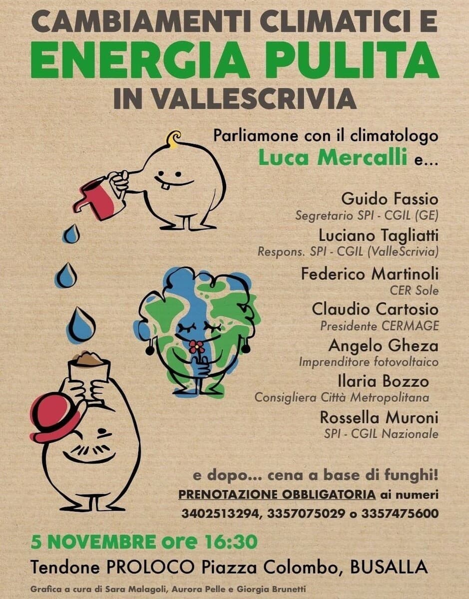Valle Scrivia, transizione energetica e comunità rinnovabili: a Busalla il convegno Spi Cgil con il climatologo Mercalli