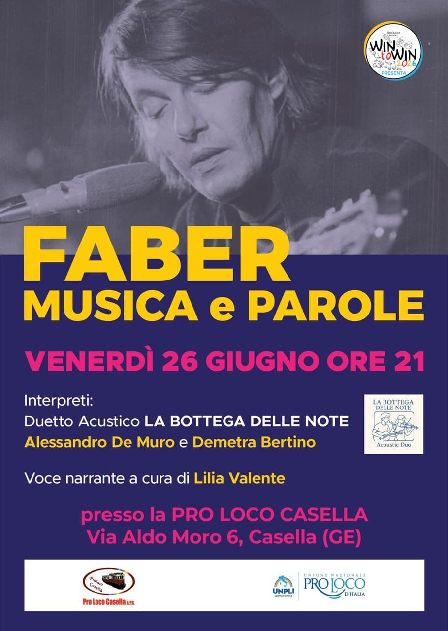 “Faber Musica e Parole” fa tappa a Casella: cena e spettacolo alla Pro Loco nel segno di De André