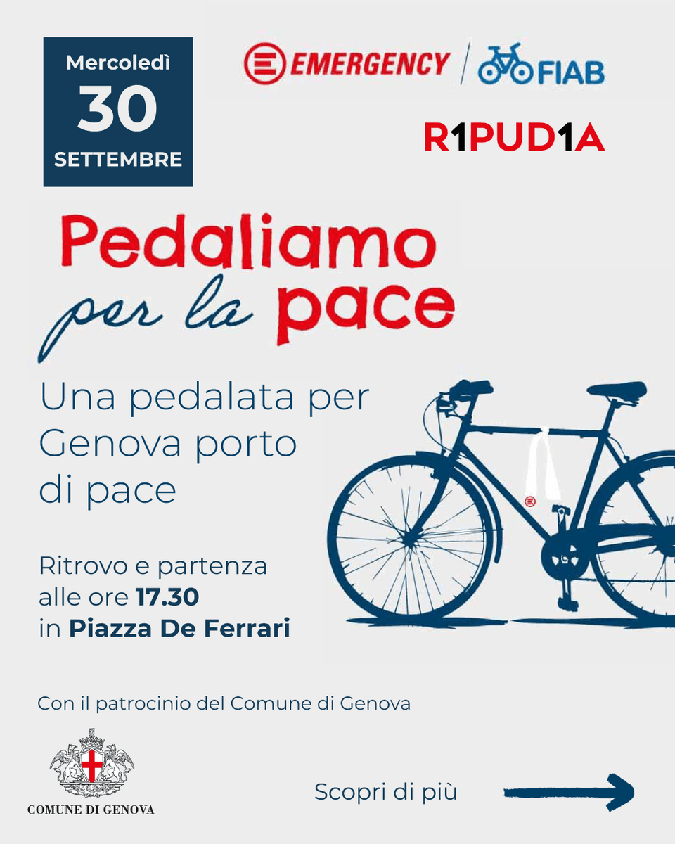 Domani “Pedaliamo per la pace”: in bicicletta da De Ferrari alla Sala Chiamata del Porto
